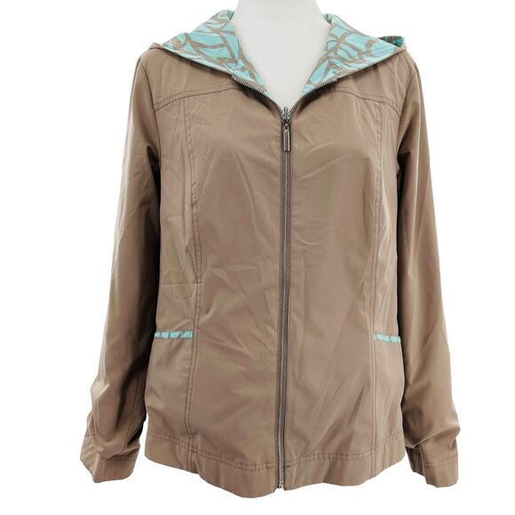 Peck & Peck Weekend Aqua Tan Vine Pattern Reversible Nylon Jacket Women Sz L - Picture 2 of 10